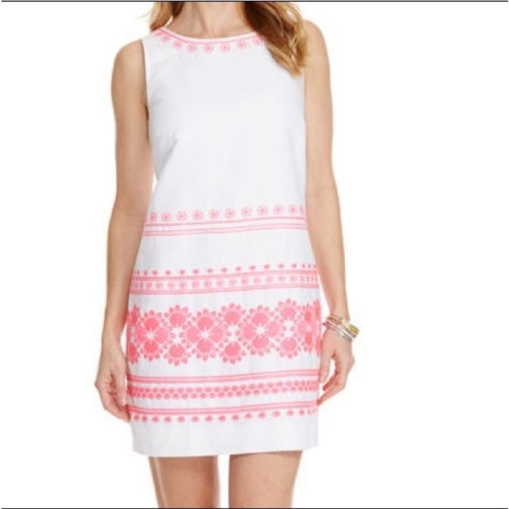 EUC Vineyard Vines White Pink Embroidered Size 2 Sleeveless Dress